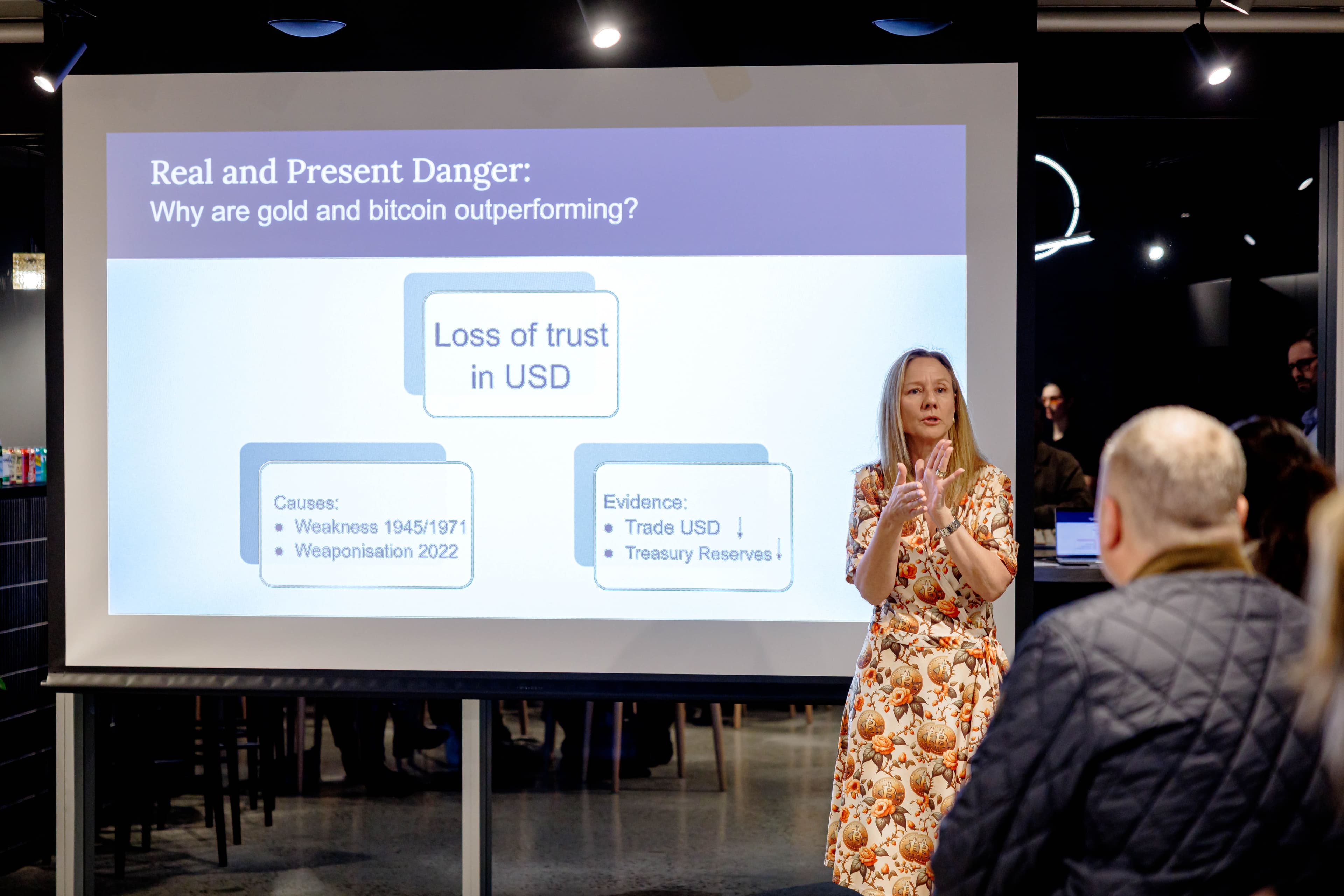 Carri presenting about Bitcoin and US dollar